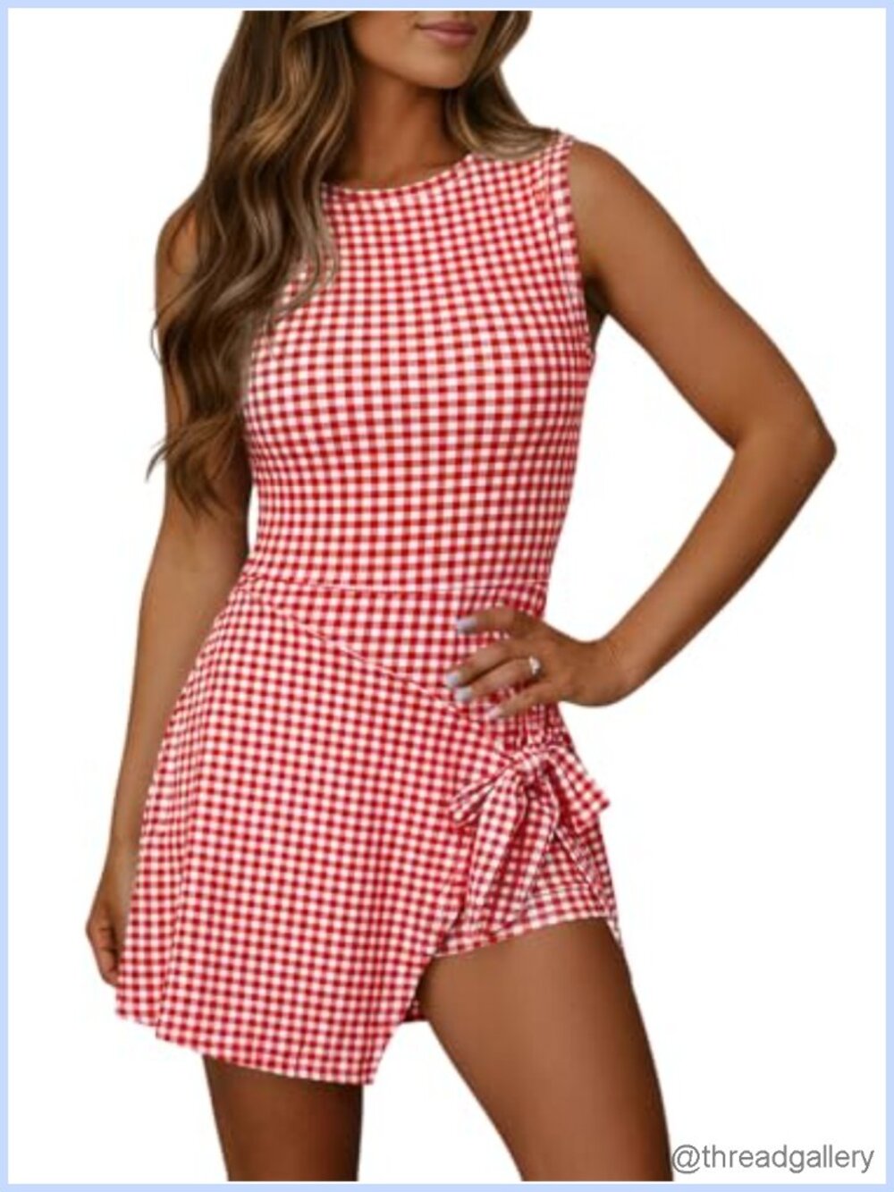 Wenrine Women Sleeveless Mini Gingham Romper Skort Tank Dress